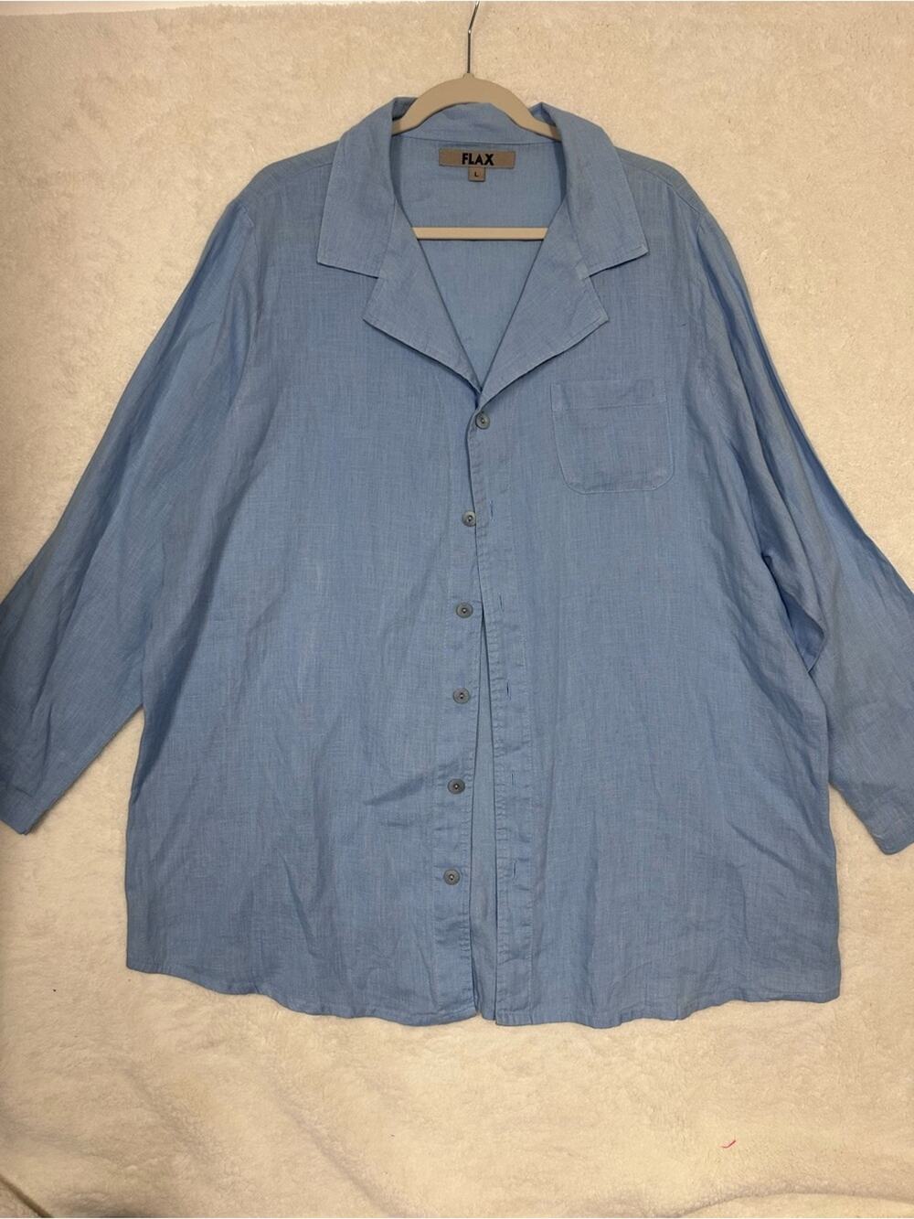Flax Men's Sky Blue Linen Button Down Camp Shirt Chest Pocket Size Large